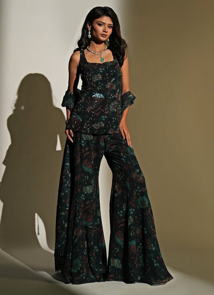 Deep Green Floral Printed Georgette Pants Set Kiyohra - Fabilicious Fashion