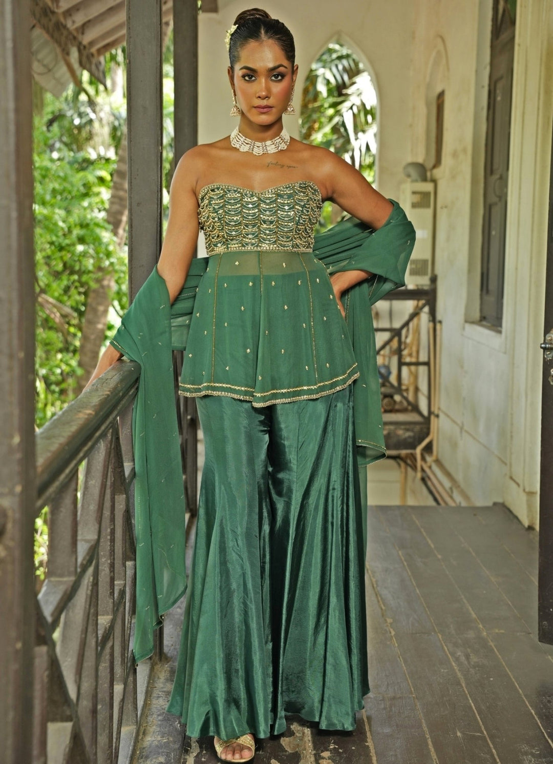 Deep Green Georgette Sharara Set Enamour by Radha - Fabilicious Fashion
