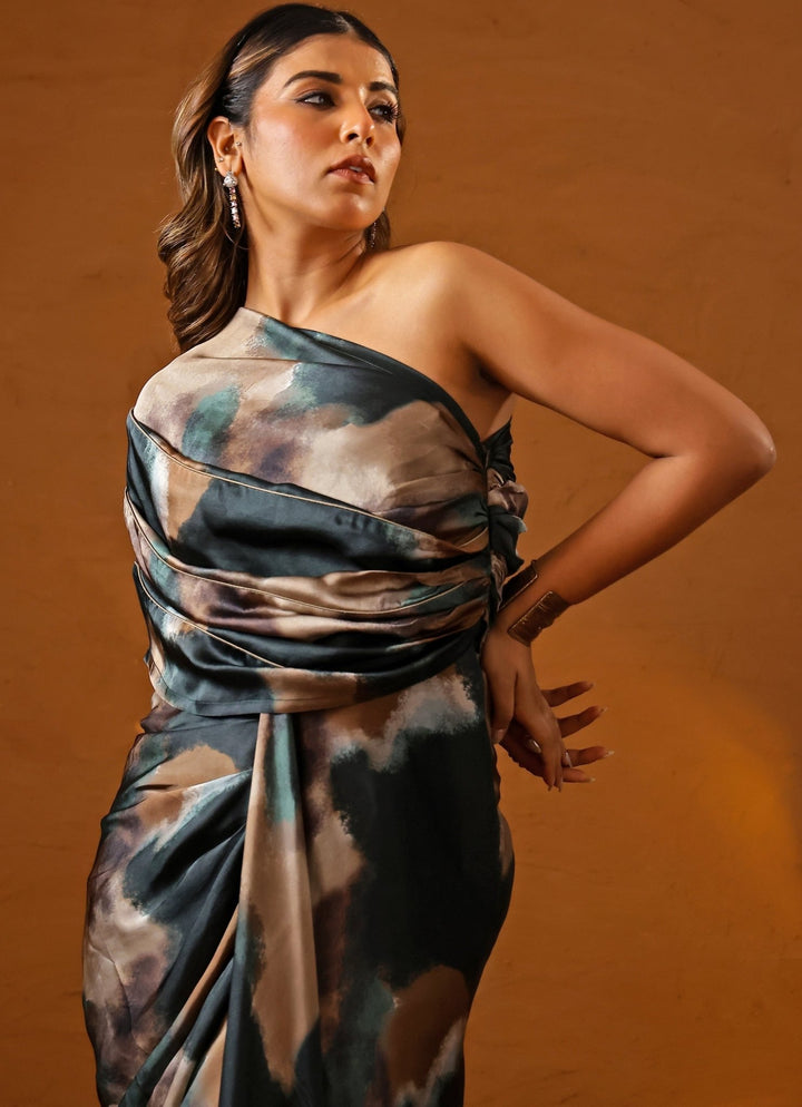 Studio Surbhi Deep Green Printed Georgette Satin One Shoulder GownFabilicious Fashion