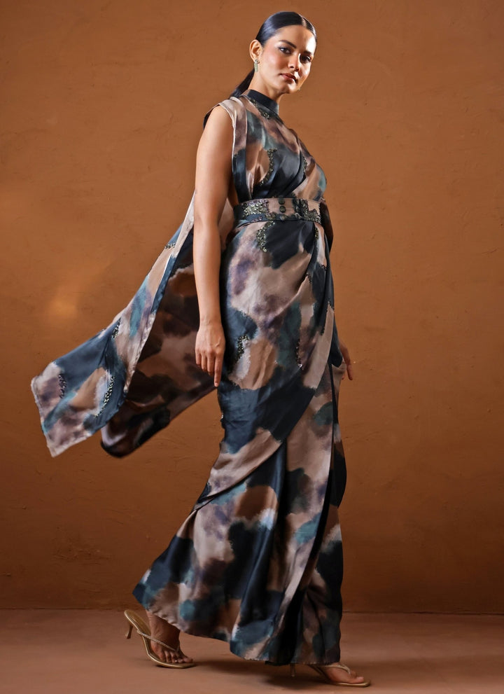 Studio Surbhi Deep Green Printed Georgette Satin Pre-Draped SareeFabilicious Fashion