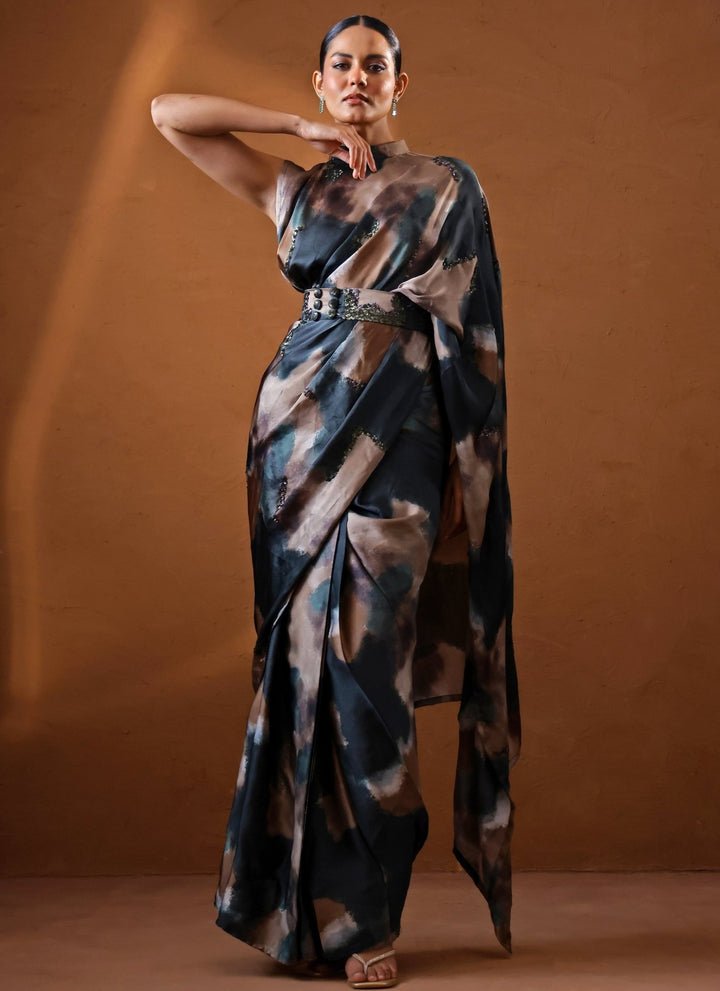 Studio Surbhi Deep Green Printed Georgette Satin Pre-Draped SareeFabilicious Fashion