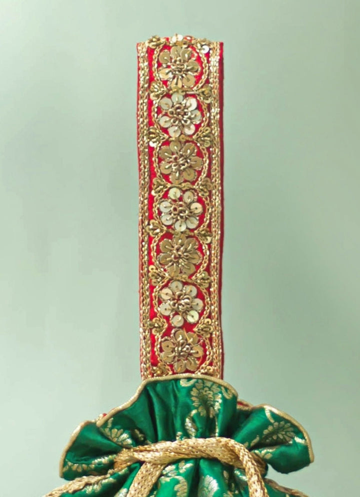 Deep Green Raw Silk Embroidered Potli AMYRA - Fabilicious Fashion