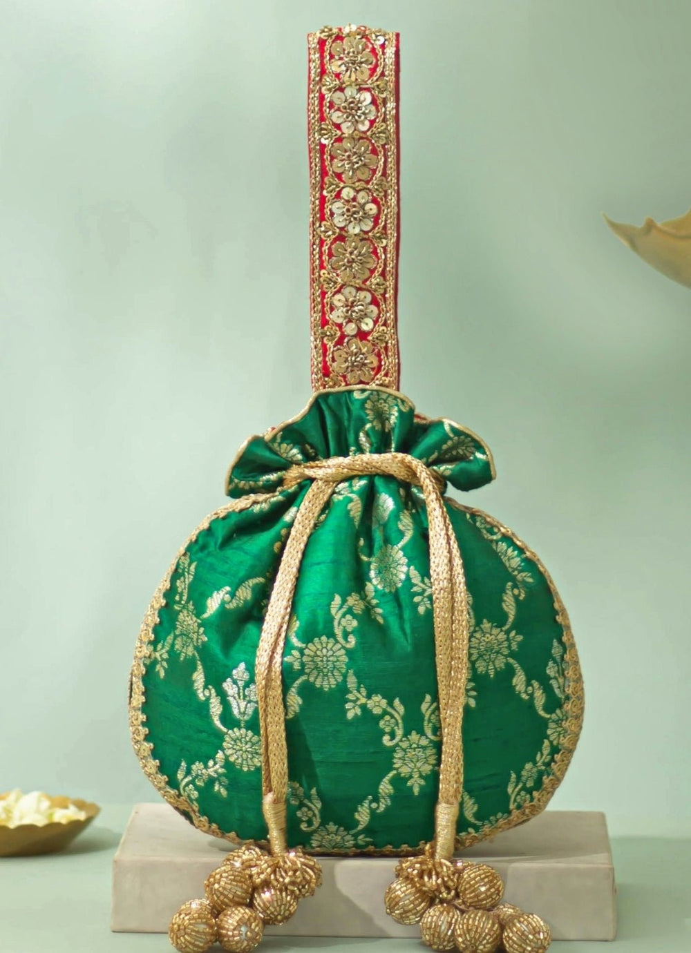 Deep Green Raw Silk Embroidered Potli AMYRA - Fabilicious Fashion