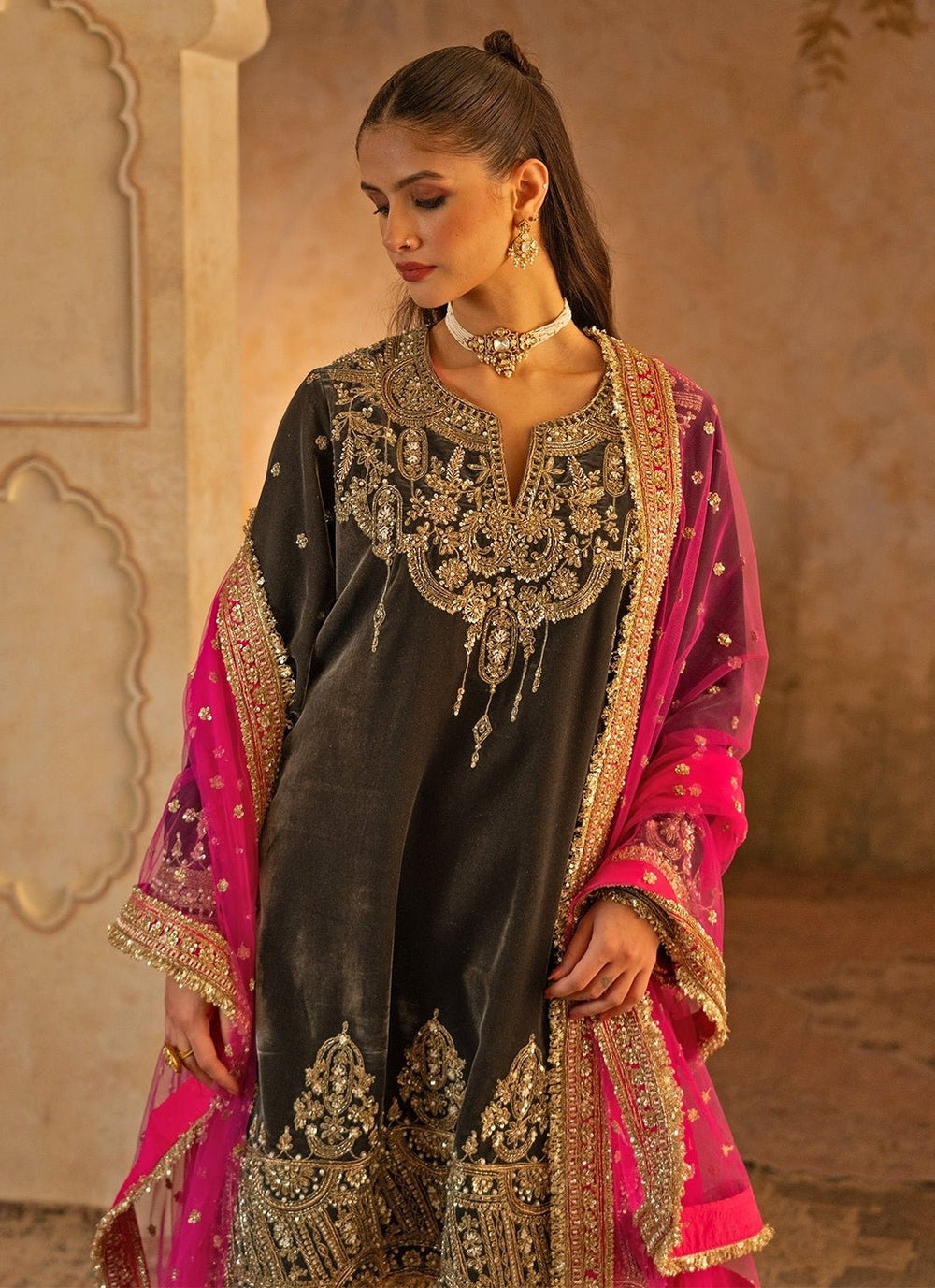 Angad Singh Deep Grey Velvet Kurta Pants With Pink DupattaFabilicious Fashion