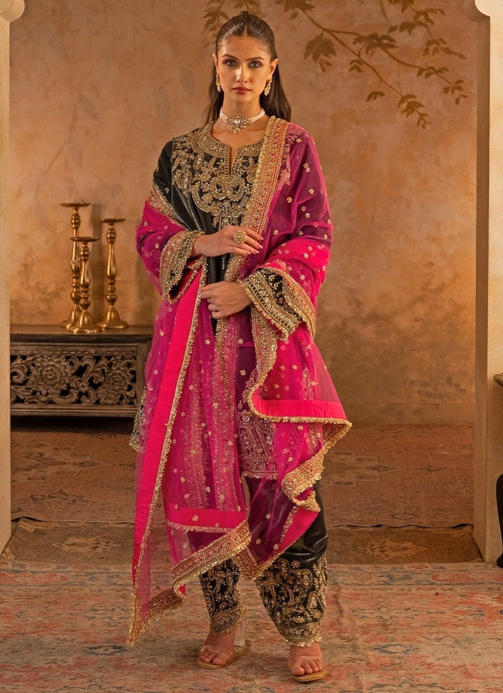 Angad Singh Deep Grey Velvet Kurta Pants With Pink DupattaFabilicious Fashion