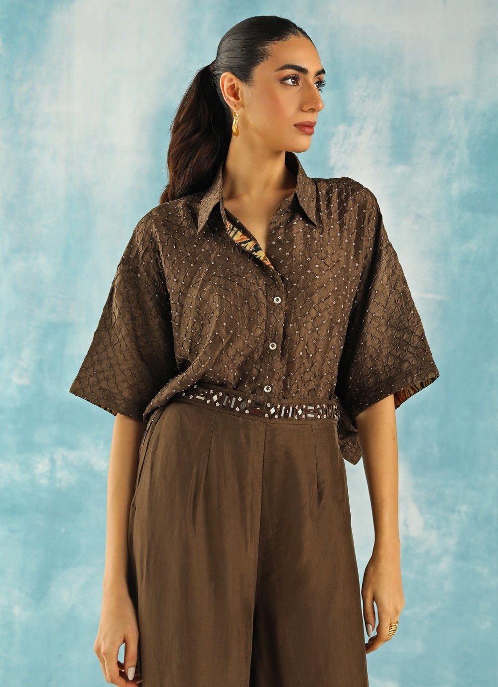 Twenty Nine Deep Olive Green Bandhani Shirt With Flared PantsFabilicious Fashion