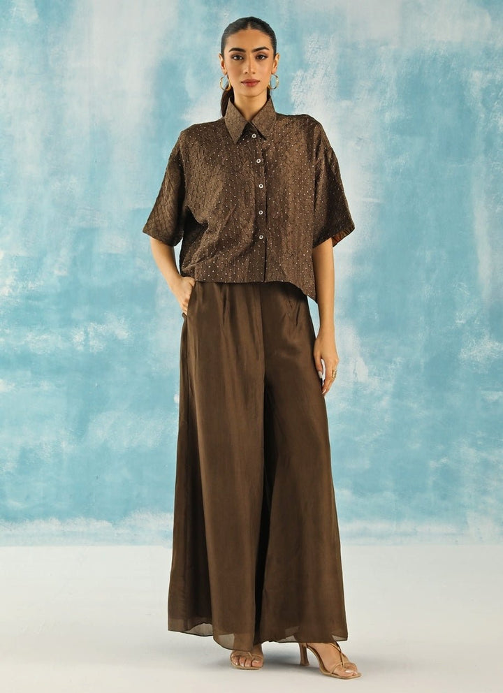 Twenty Nine Deep Olive Green Bandhani Shirt With Flared PantsFabilicious Fashion