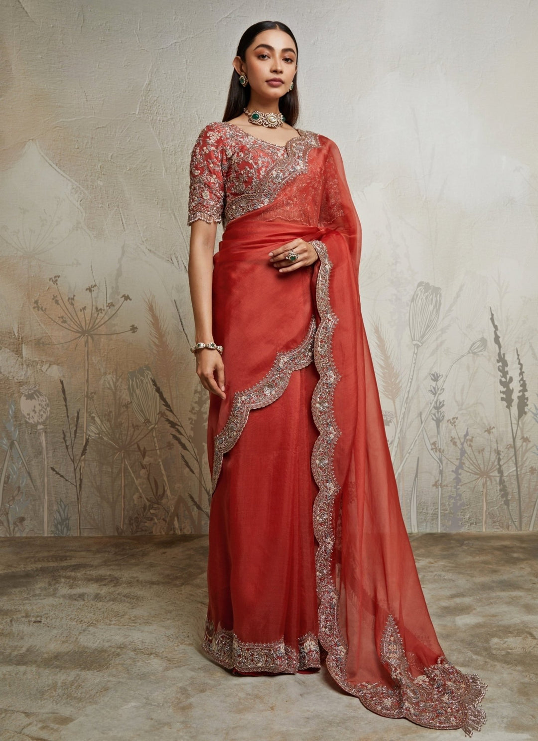 Prisho Deep Orange Embroidered Organza SareeFabilicious Fashion