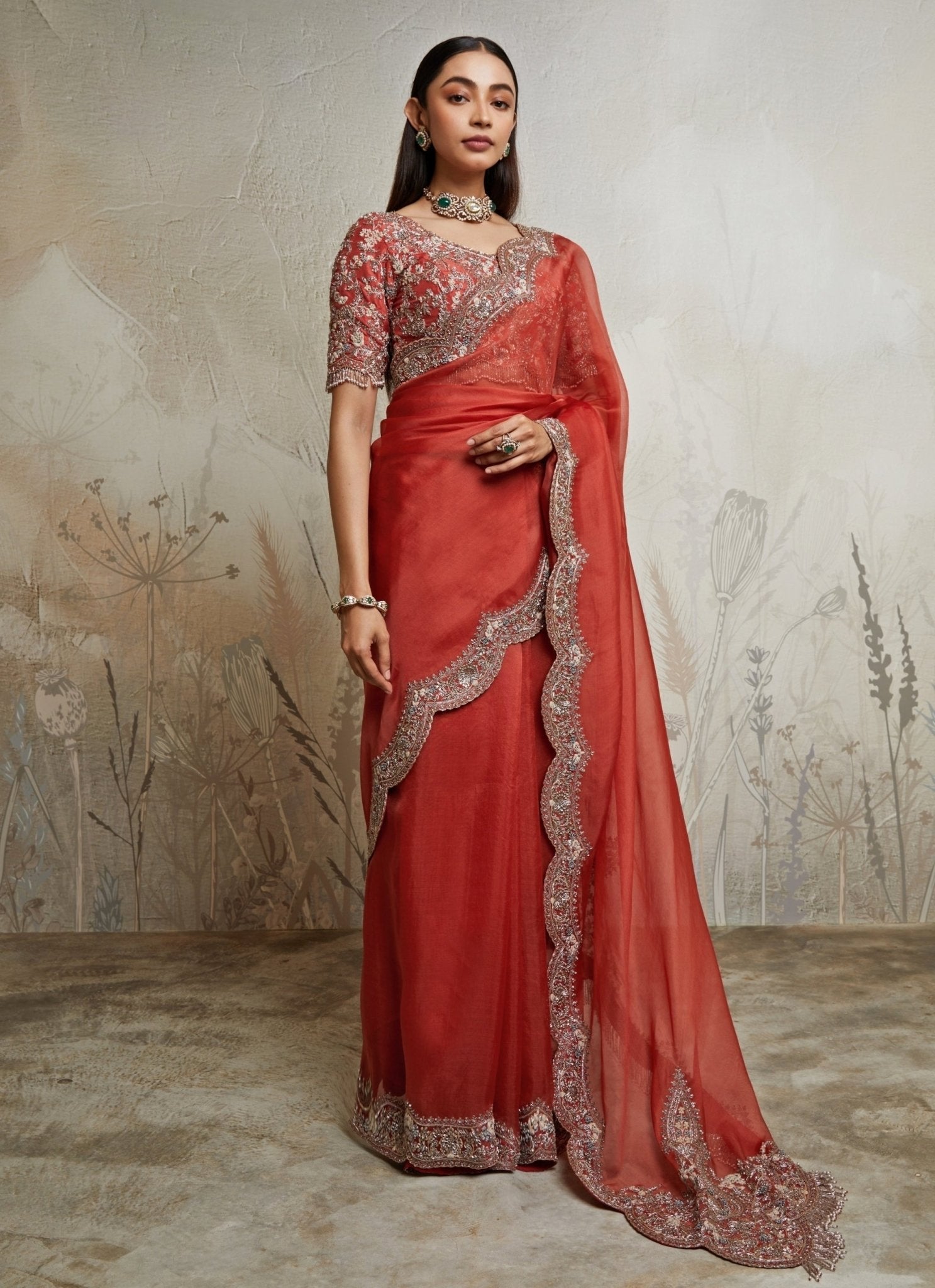 Deep orange embroidered organza saree by Prisho