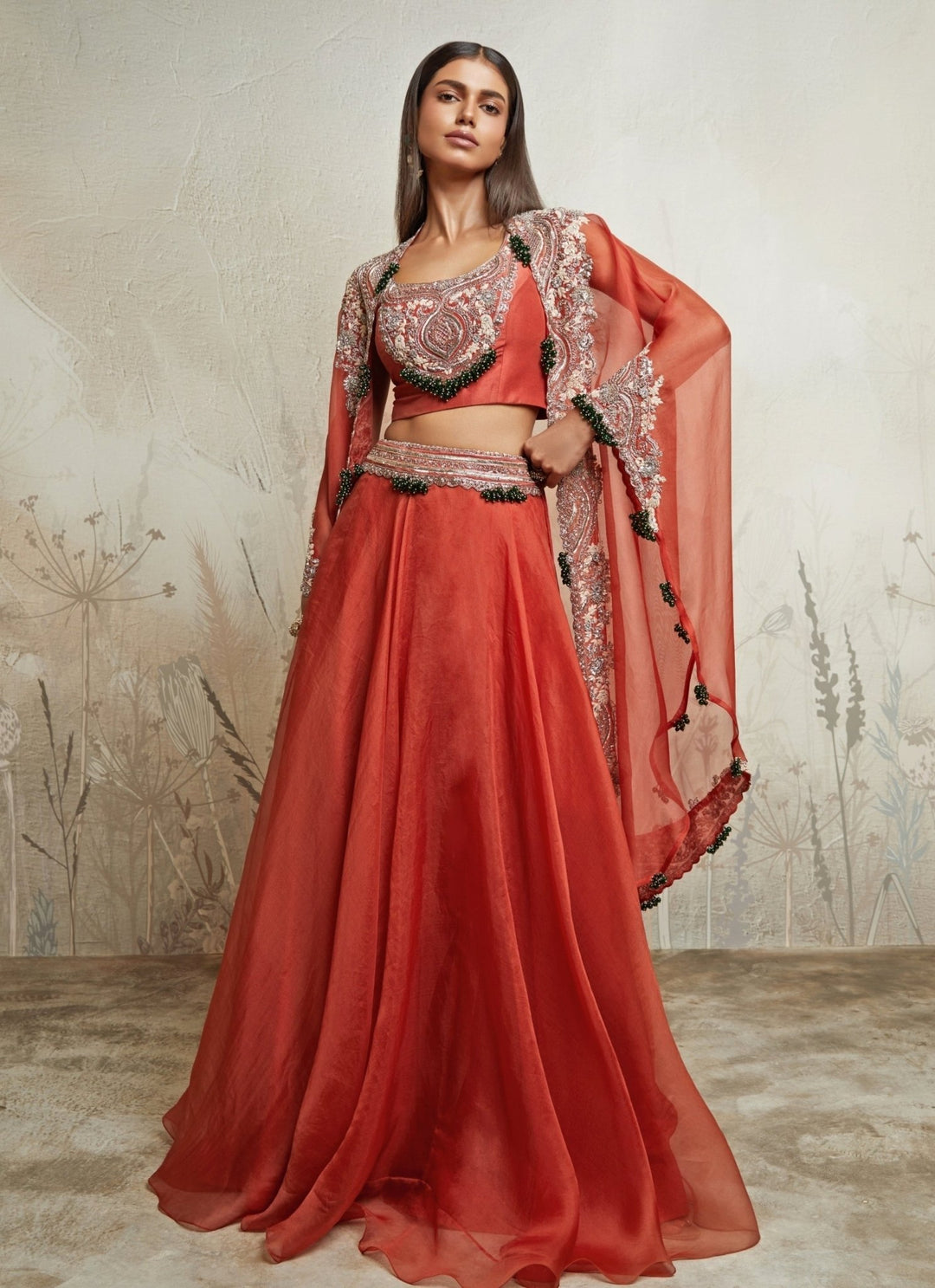 Prisho Deep Orange Organza Lehenga Set With CapeFabilicious Fashion