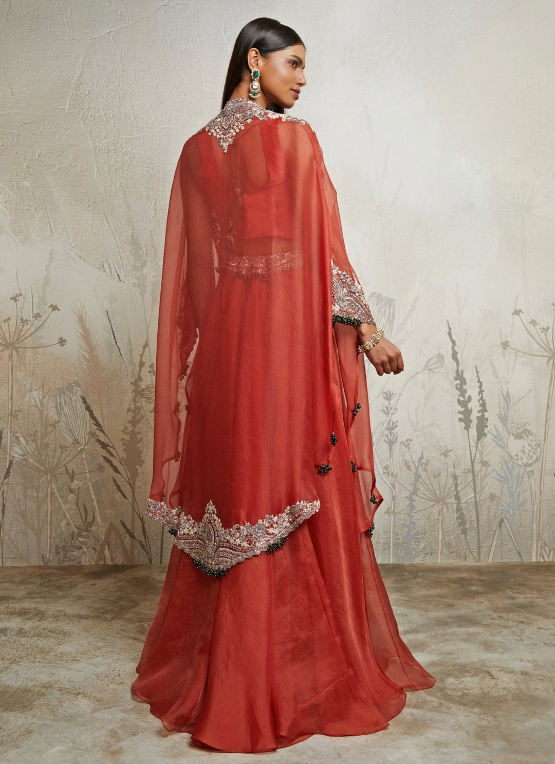 Prisho Deep Orange Organza Lehenga Set With CapeFabilicious Fashion