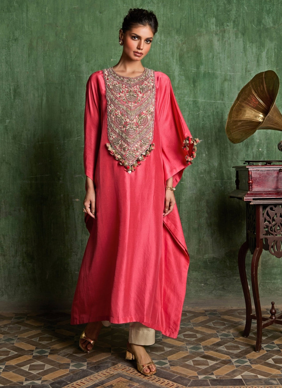 Prisho Deep Peach Embroidered Silk Kaftan Pants SetFabilicious Fashion