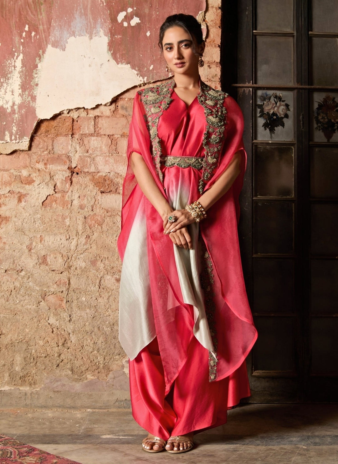 Prisho Deep Peach Ombre Kurta Pants Set With CapeFabilicious Fashion