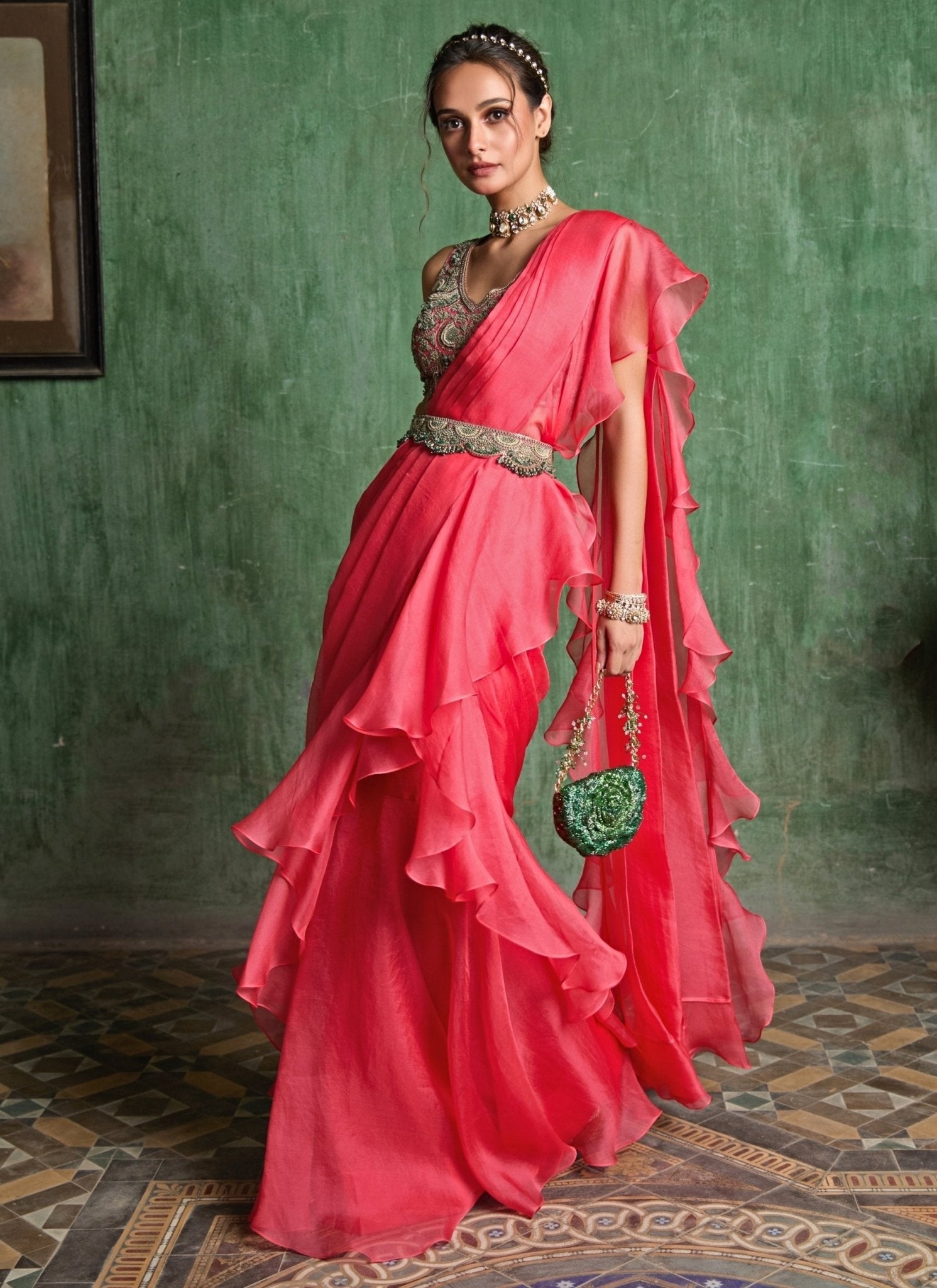 Deep peach organza pre-draped saree by Prisho — easy lightweight saree for wedding events