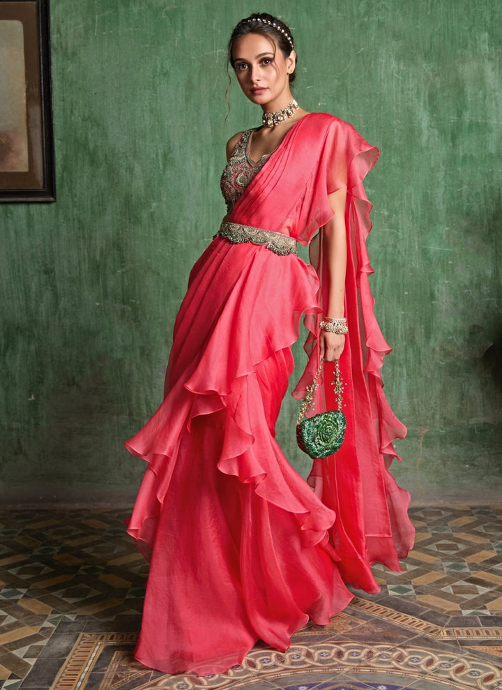 Prisho Deep Peach Organza Pre-Draped SareeFabilicious Fashion