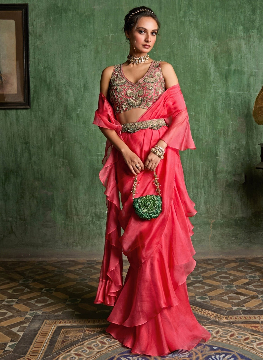 Prisho Deep Peach Organza Pre-Draped SareeFabilicious Fashion