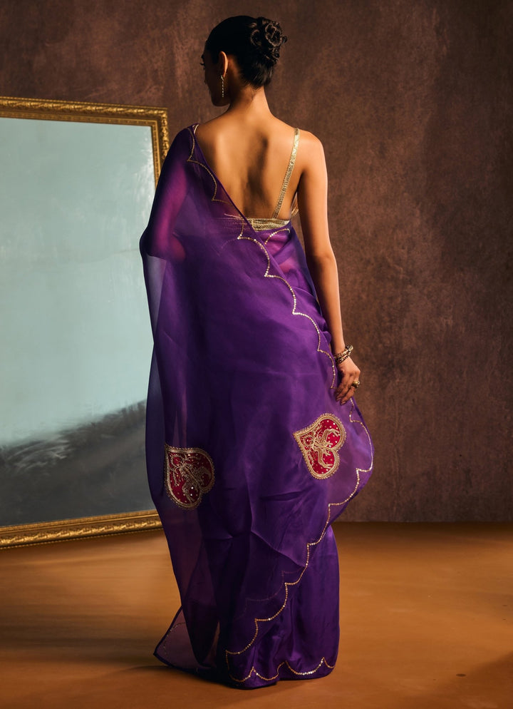 Deep Purple Pure Silk Organza Embroidered Saree Kapardara - Fabilicious Fashion