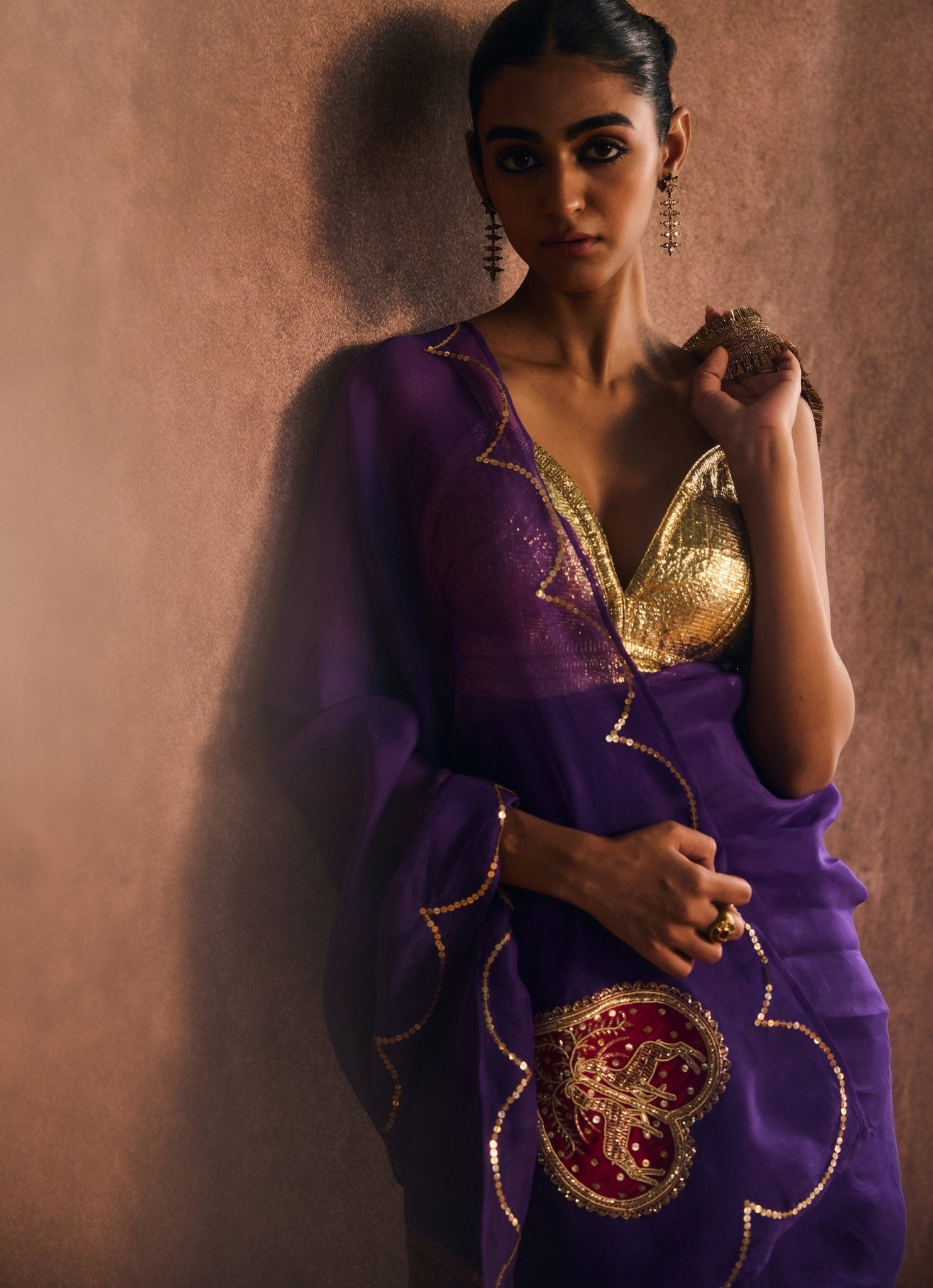 Deep Purple Pure Silk Organza Embroidered Saree by Kapardara — elegant lightweight wedding saree for a guest