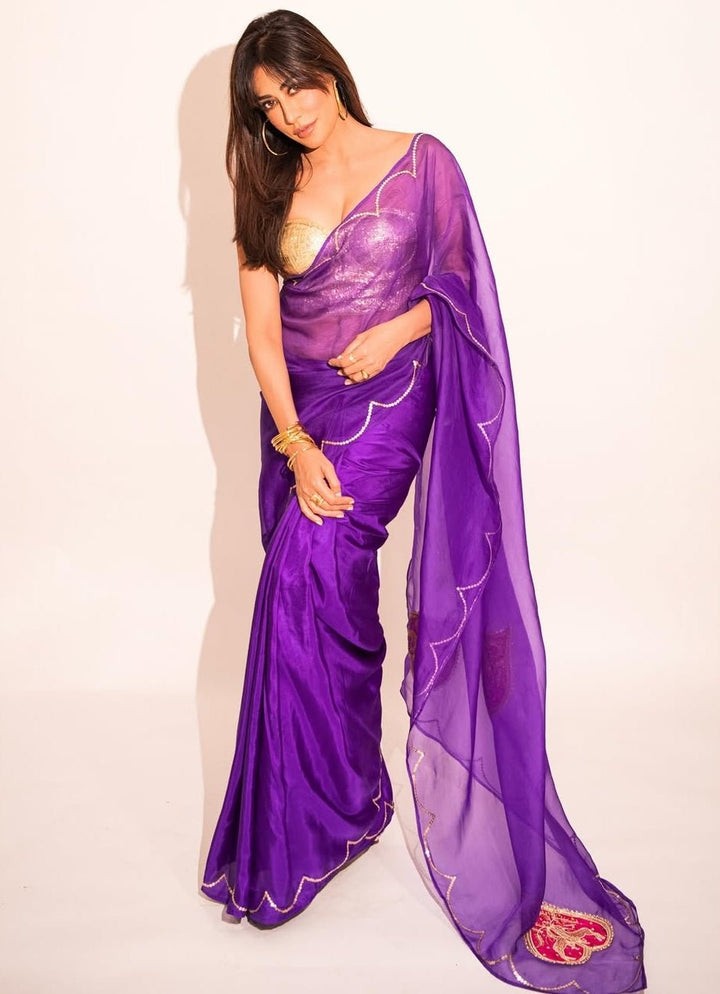 Deep Purple Pure Silk Organza Embroidered Saree Kapardara - Fabilicious Fashion