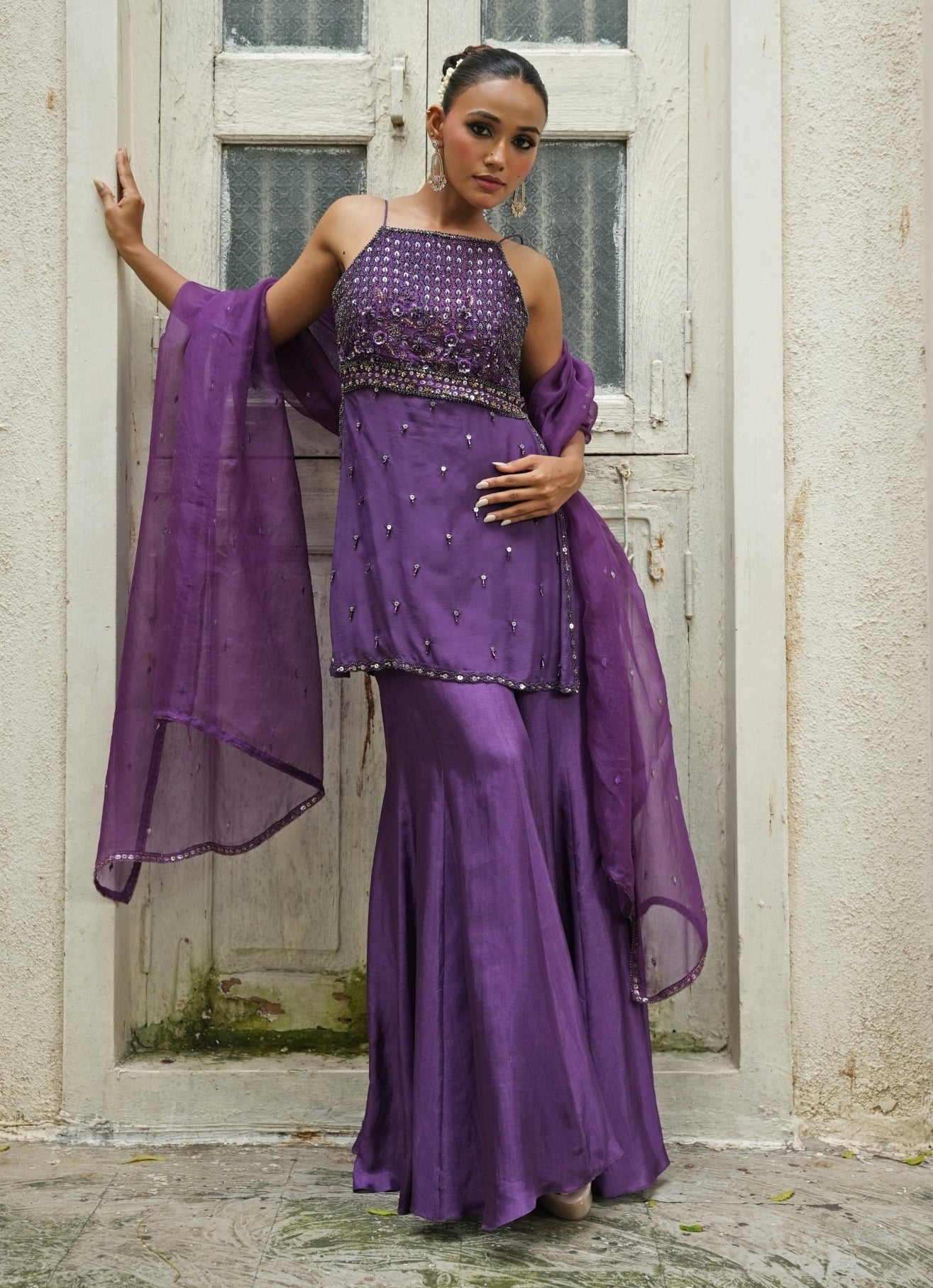 Deep purple silk sharara set for Indian wedding reception