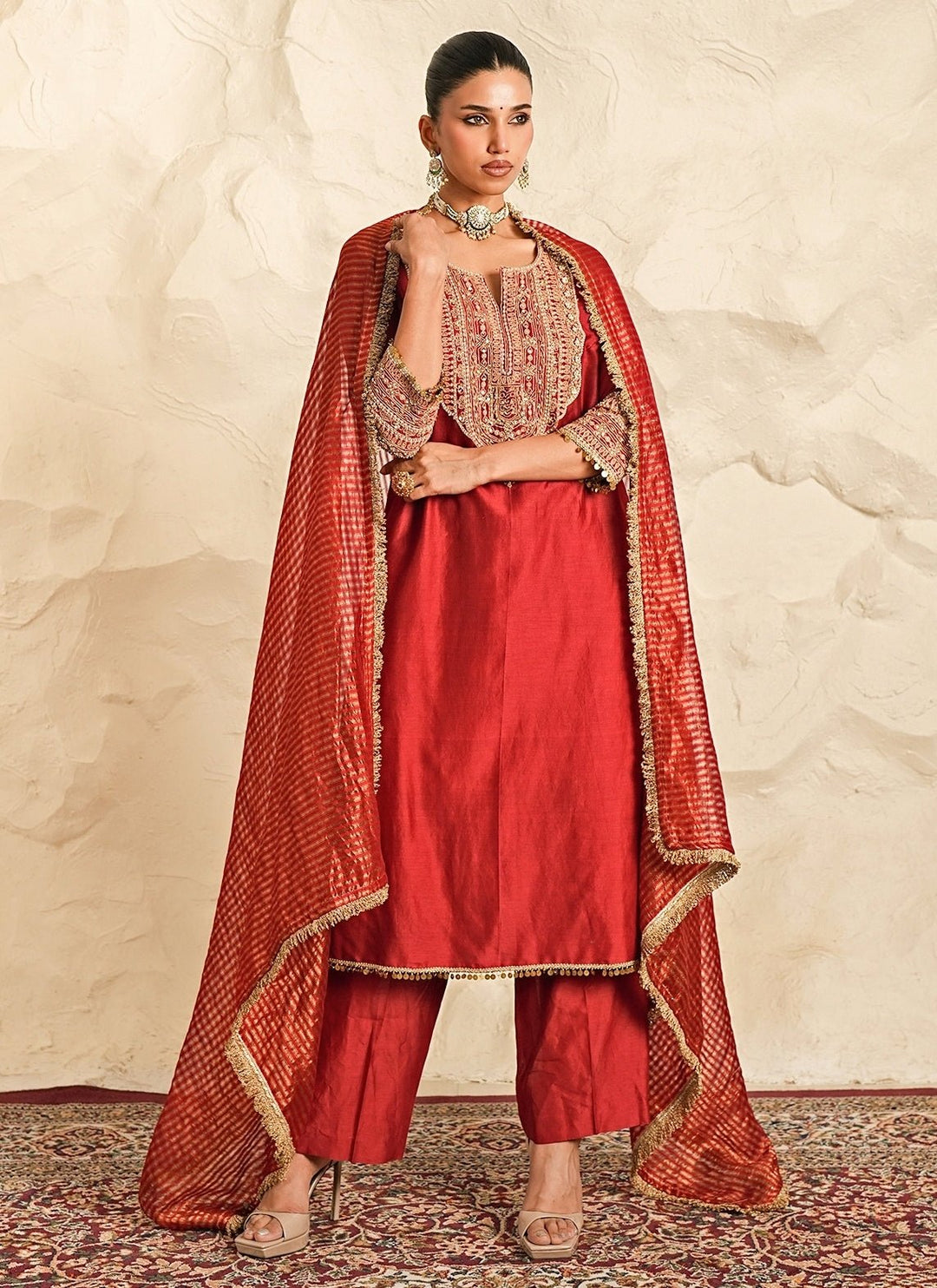 Nidhika Shekhar Deep Red Chanderi Kurta Pants SetFabilicious Fashion
