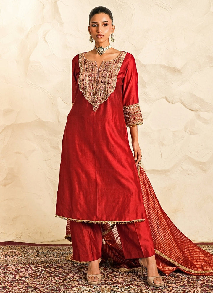 Nidhika Shekhar Deep Red Chanderi Kurta Pants SetFabilicious Fashion