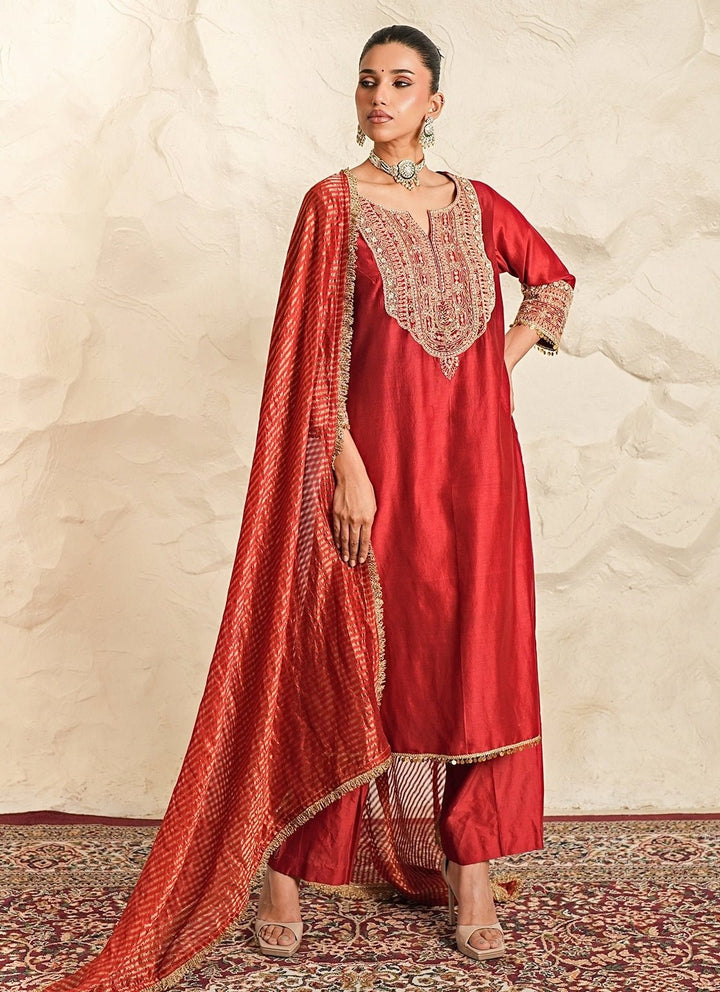 Nidhika Shekhar Deep Red Chanderi Kurta Pants SetFabilicious Fashion
