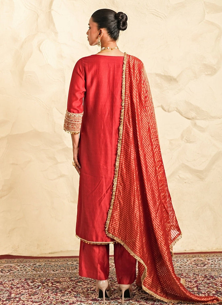Nidhika Shekhar Deep Red Chanderi Kurta Pants SetFabilicious Fashion
