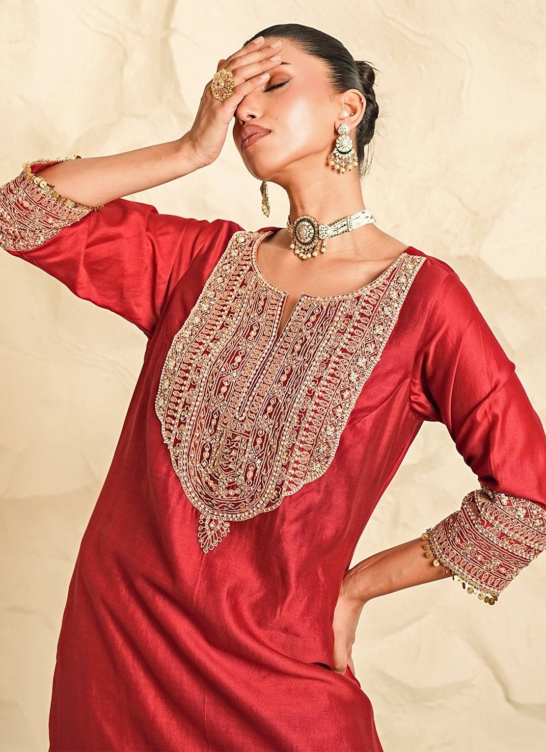 Nidhika Shekhar Deep Red Chanderi Kurta Pants SetFabilicious Fashion