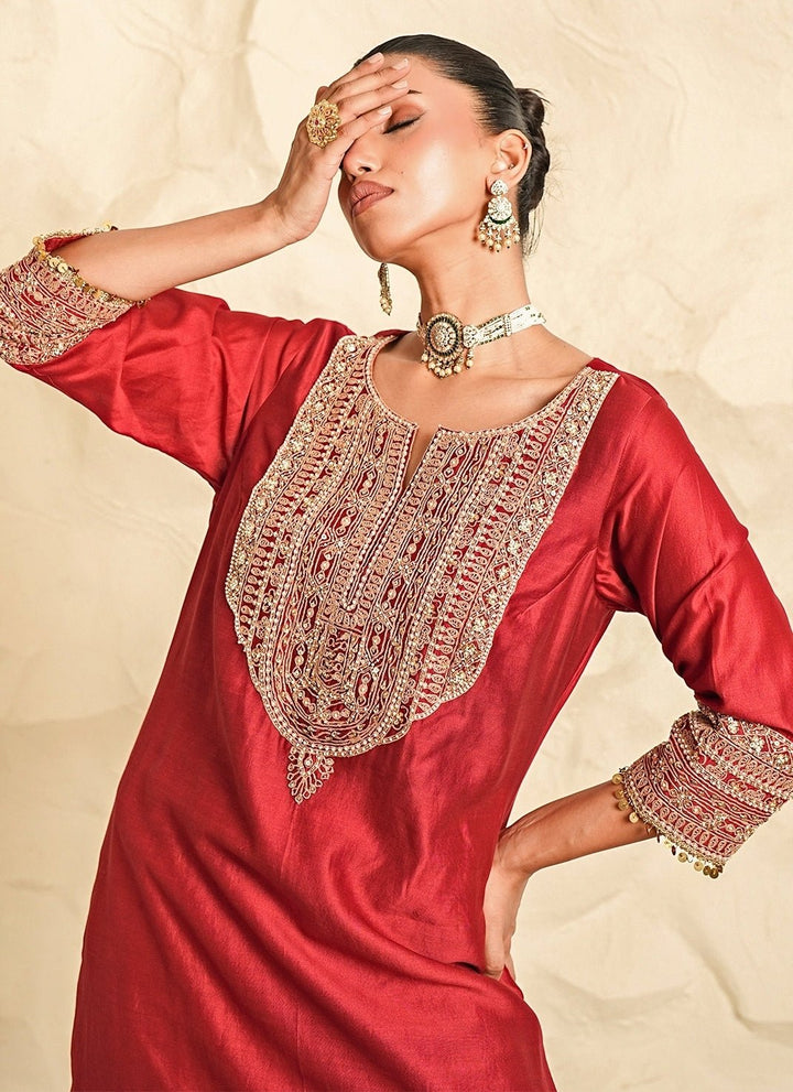 Nidhika Shekhar Deep Red Chanderi Kurta Pants SetFabilicious Fashion