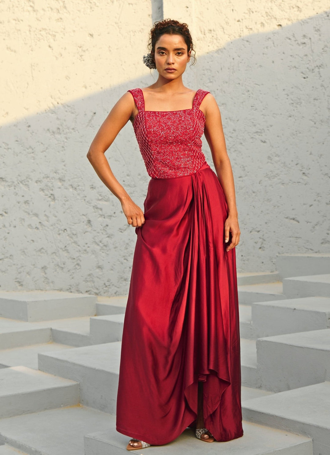 Deep Red Draped Skirt And Embroidered Corset Chamee and Palak - Fabilicious Fashion