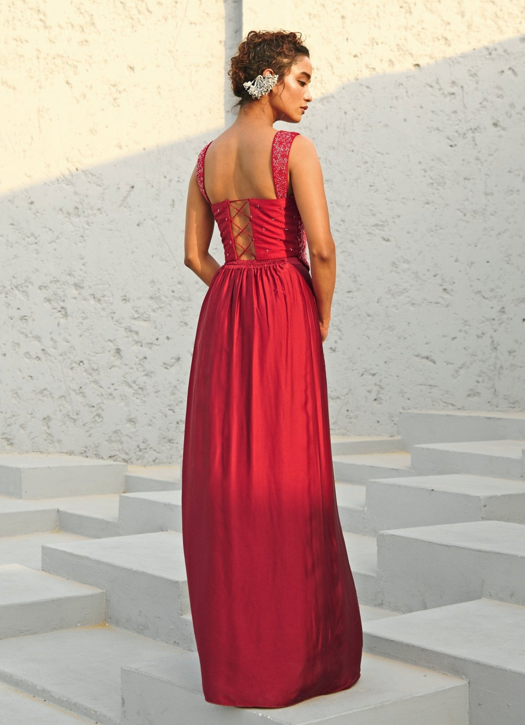 Deep Red Draped Skirt And Embroidered Corset Chamee and Palak - Fabilicious Fashion