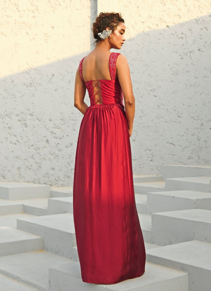 Deep Red Draped Skirt And Embroidered Corset Chamee and Palak - Fabilicious Fashion