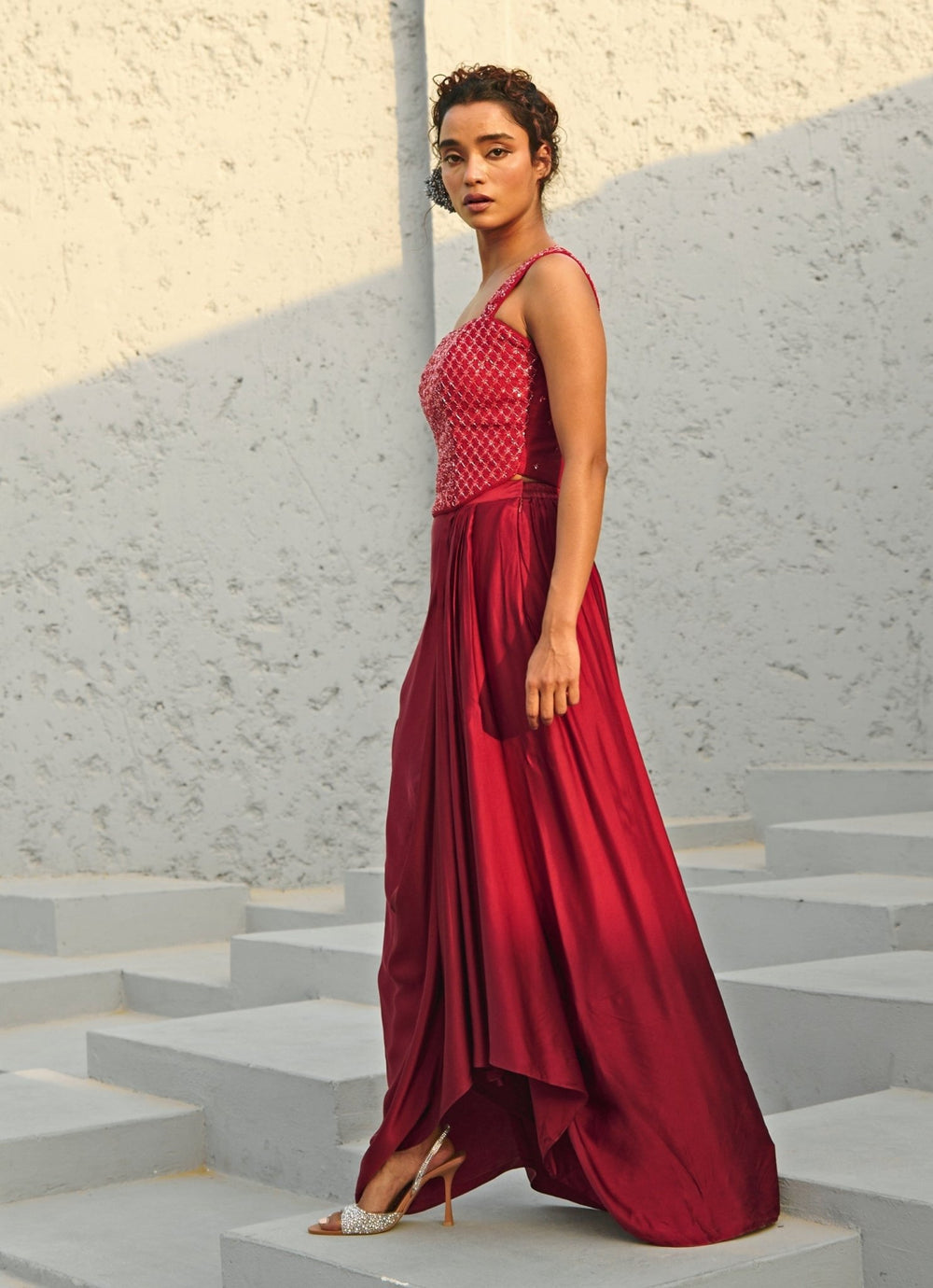 Deep Red Draped Skirt And Embroidered Corset Chamee and Palak - Fabilicious Fashion