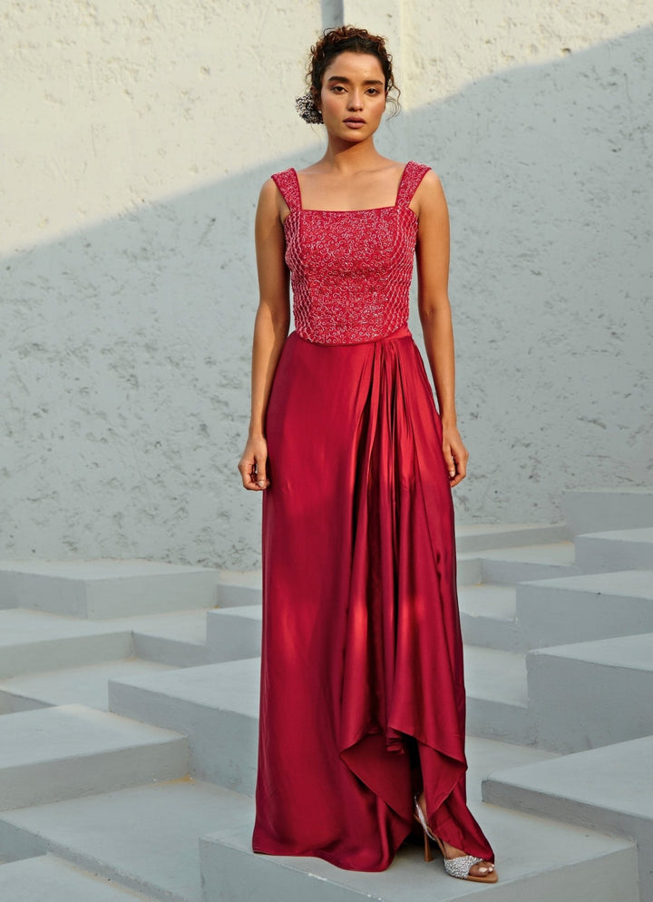 Deep Red Draped Skirt And Embroidered Corset Chamee and Palak - Fabilicious Fashion