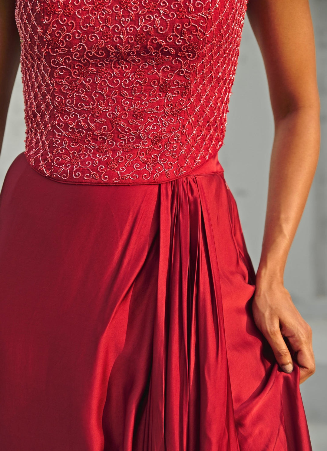 Deep Red Draped Skirt And Embroidered Corset Chamee and Palak - Fabilicious Fashion