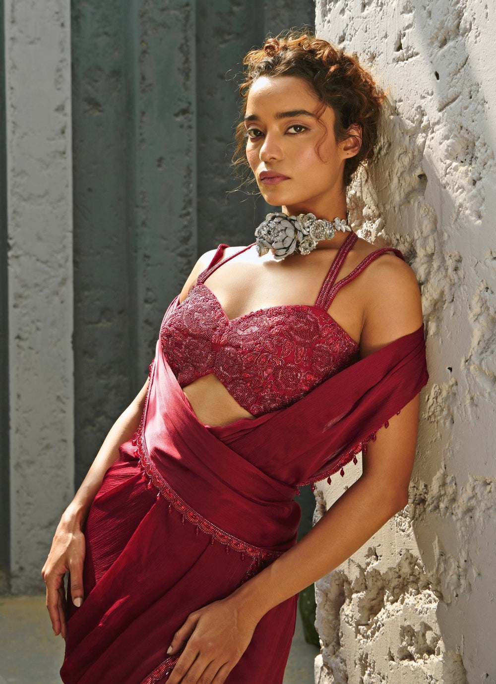 Deep Red Embroidered And Pre - Stitched Chiffon Frill Saree Chamee and Palak - Fabilicious Fashion