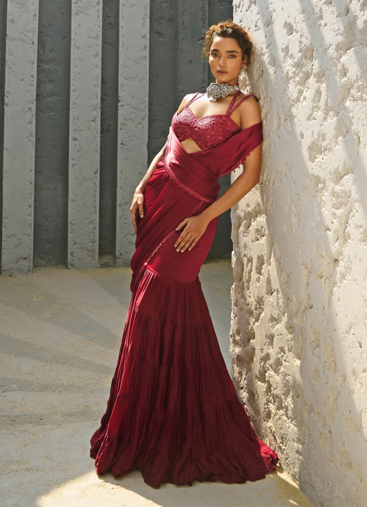 Deep Red Embroidered And Pre - Stitched Chiffon Frill Saree Chamee and Palak - Fabilicious Fashion