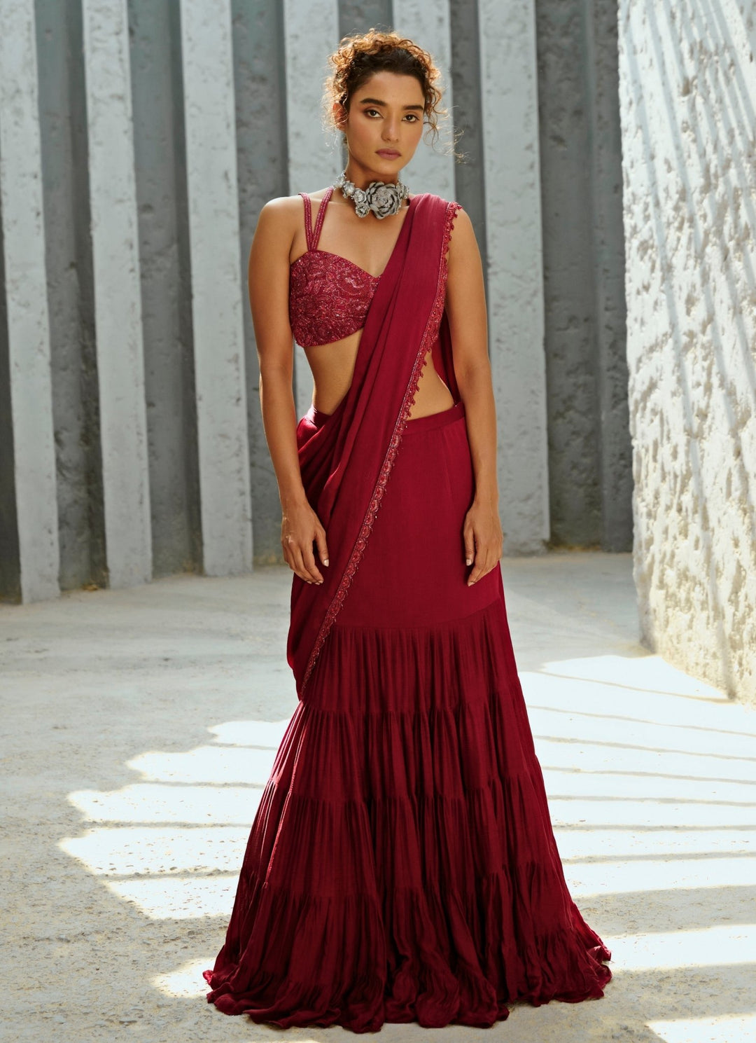 Deep Red Embroidered And Pre - Stitched Chiffon Frill Saree Chamee and Palak - Fabilicious Fashion