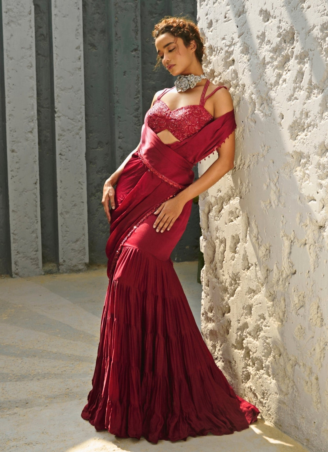 Deep Red Embroidered And Pre - Stitched Chiffon Frill Saree Chamee and Palak - Fabilicious Fashion