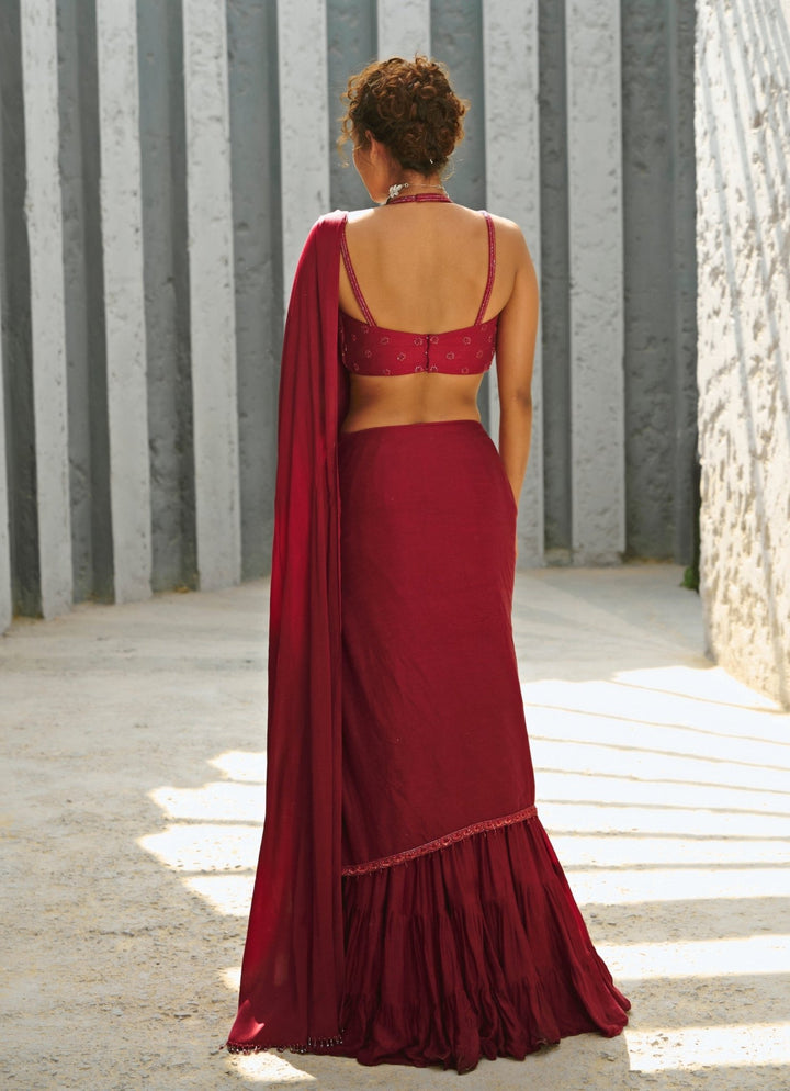 Deep Red Embroidered And Pre - Stitched Chiffon Frill Saree Chamee and Palak - Fabilicious Fashion