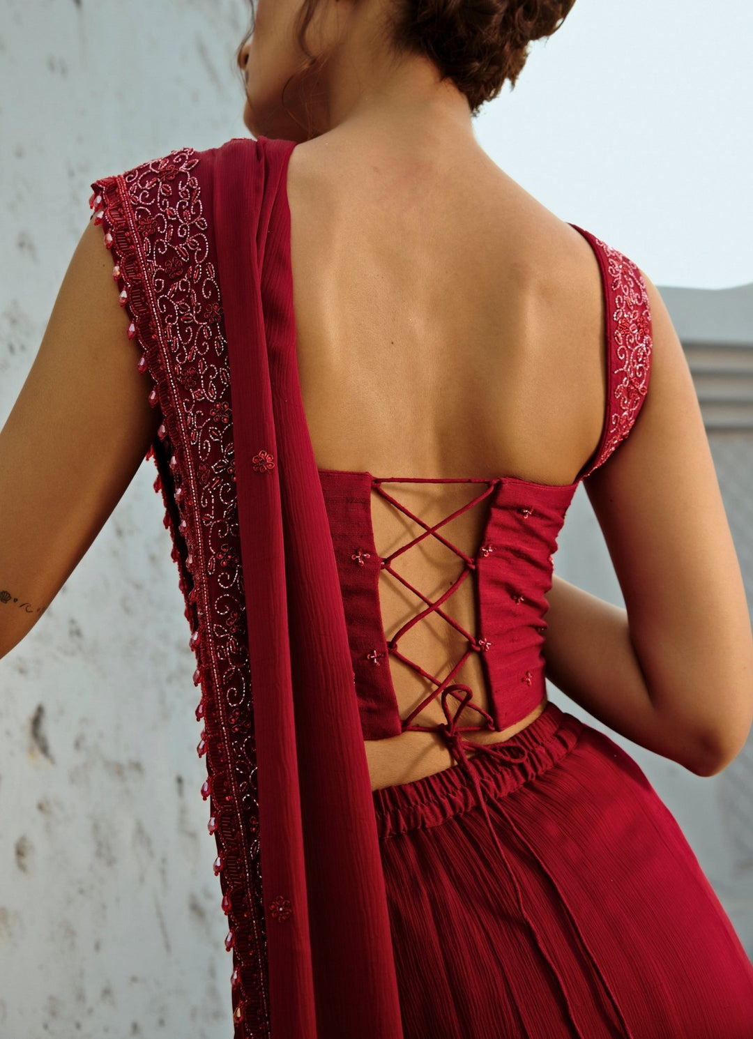 Deep Red Embroidered And Pre Stitched Chiffon Ruffle Saree With Corset Chamee and Palak - Fabilicious Fashion