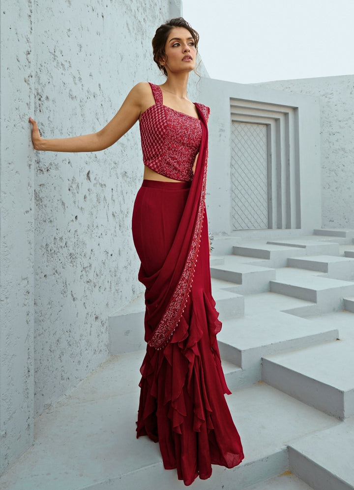 Deep Red Embroidered And Pre Stitched Chiffon Ruffle Saree With Corset Chamee and Palak - Fabilicious Fashion