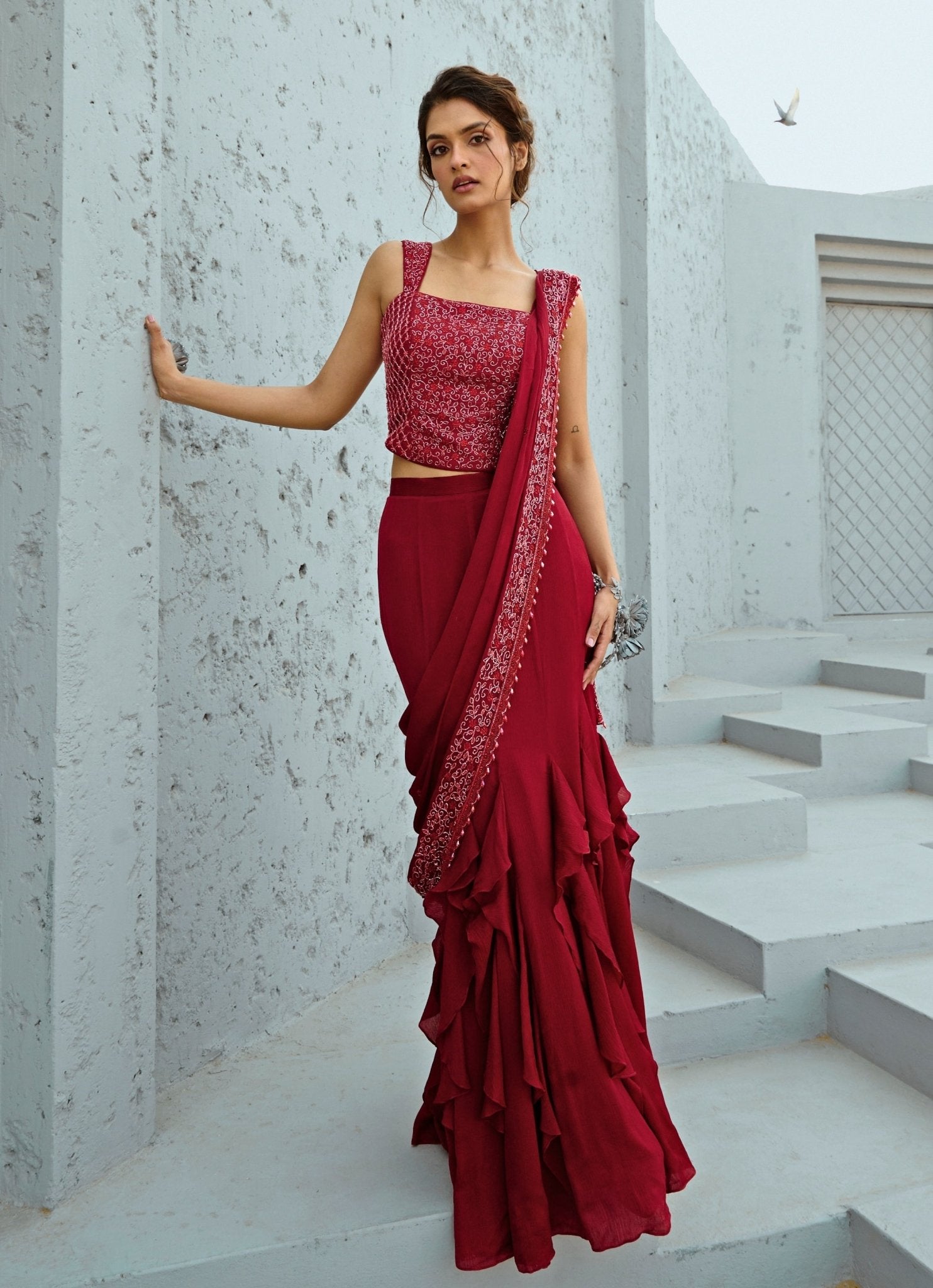 Deep Red Embroidered And Pre Stitched Chiffon Ruffle Saree With Corset ...