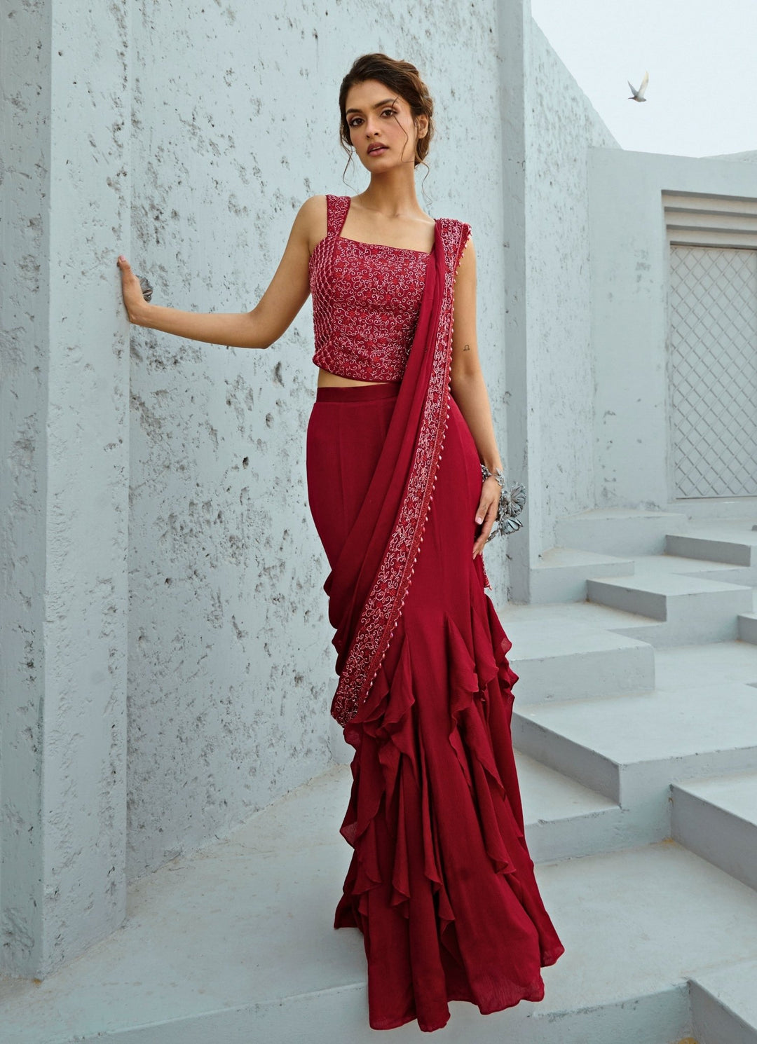 Deep Red Embroidered And Pre Stitched Chiffon Ruffle Saree With Corset Chamee and Palak - Fabilicious Fashion