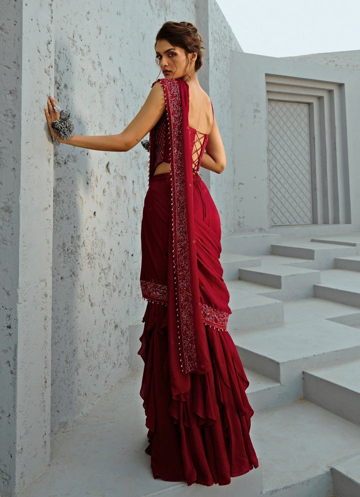 Deep Red Embroidered And Pre Stitched Chiffon Ruffle Saree With Corset Chamee and Palak - Fabilicious Fashion