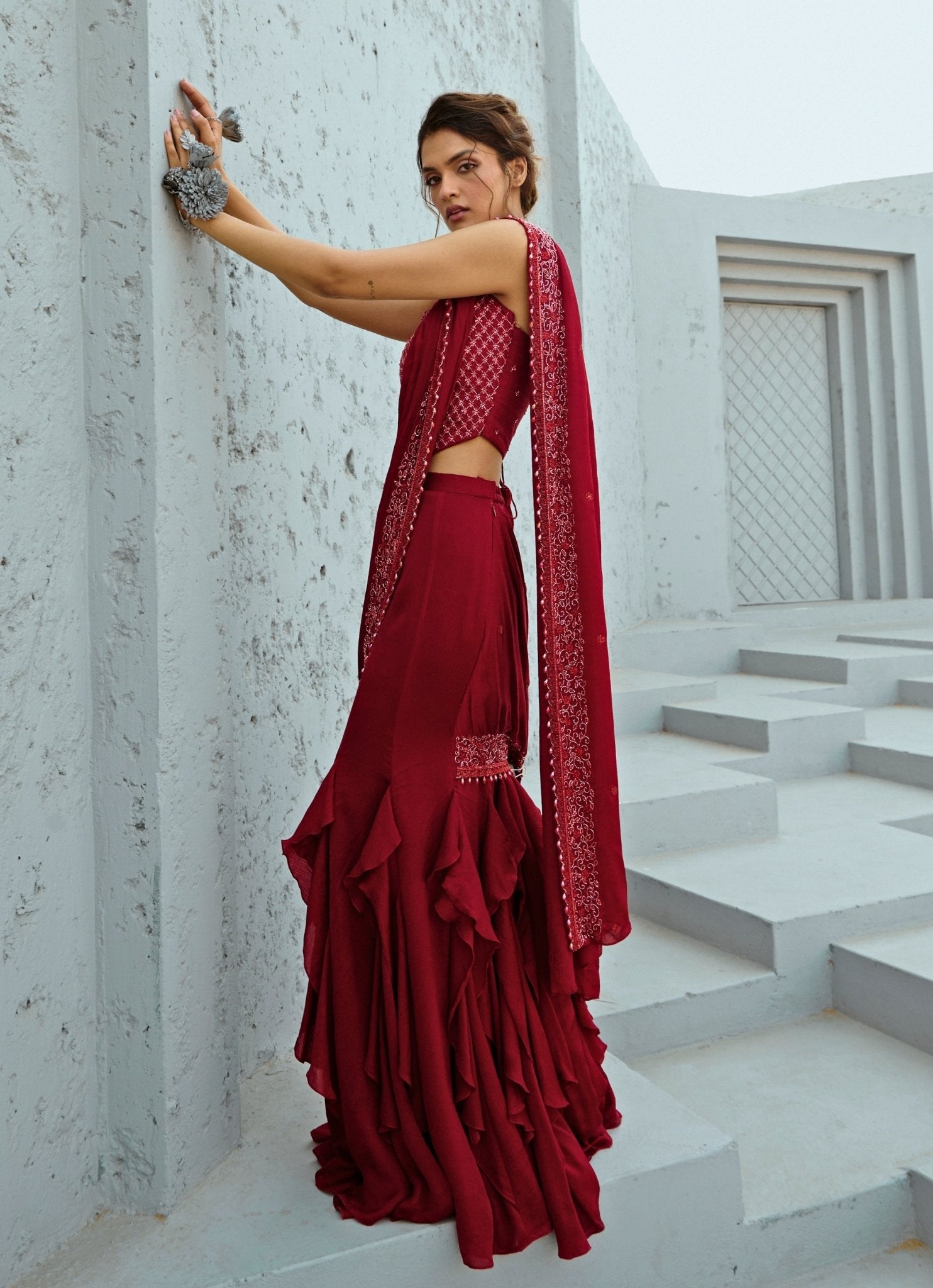 Deep red ruffle chiffon corset saree — romantic Valentine’s Day saree