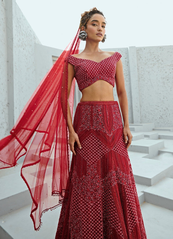 Deep Red Embroidered Bridal Silk Lehenga Set Chamee and Palak - Fabilicious Fashion