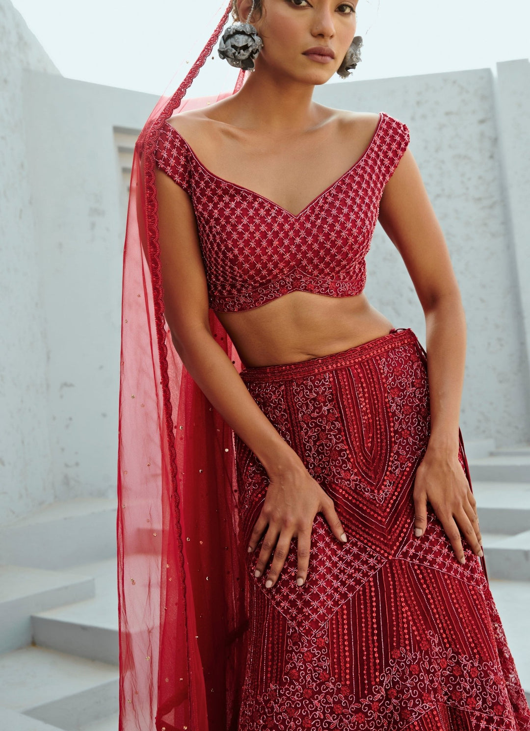 Deep Red Embroidered Bridal Silk Lehenga Set Chamee and Palak - Fabilicious Fashion