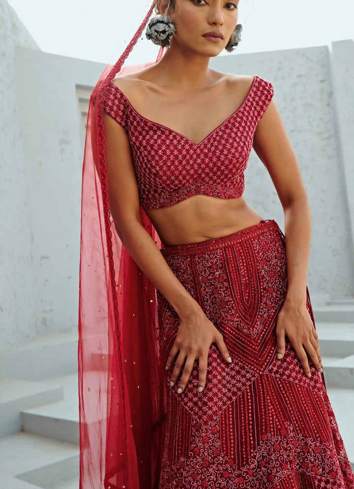 Deep Red Embroidered Bridal Silk Lehenga Set Chamee and Palak - Fabilicious Fashion